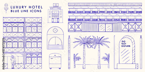 Illustrative hotel blueprint with architectural details and tropical elements in blue