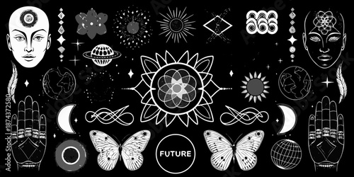 Mystical and cosmic illustration featuring celestial symbols faces and otherworldly elements