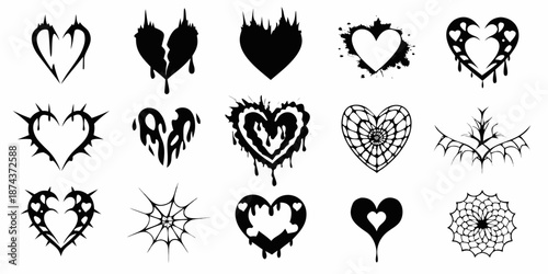 Diverse collection of black heart designs with drips cracks and spiderwebs