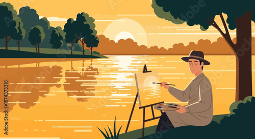 Artist Painting Outdoors at Sunset by the Lake.