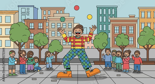 Cartoon Clown Juggling Balls for a Crowd of Children.