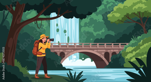 Female Photographer Capturing Waterfall Scene in Lush Forest.