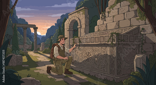 Explorer Examining Ancient Ruins Under Dusk Sky.