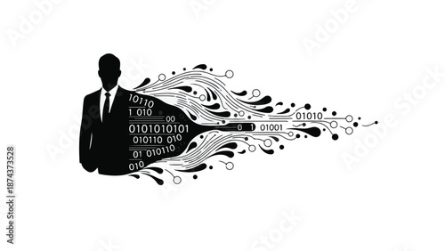 Silhouette of businessman with binary code and abstract design