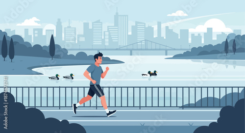 Man Running Outdoors for Fitness and Health in Urban Park.