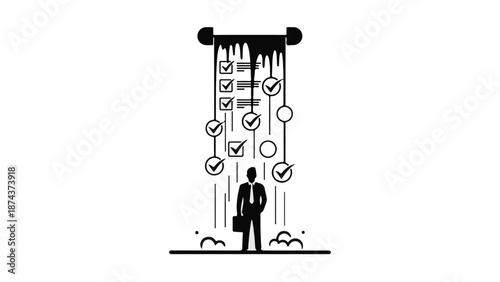 Businessman standing under falling checklist icons