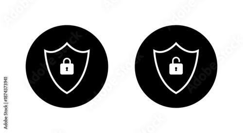 Shield lock and unlock outline icon set in black circle. Security, privacy protection, and access control symbol