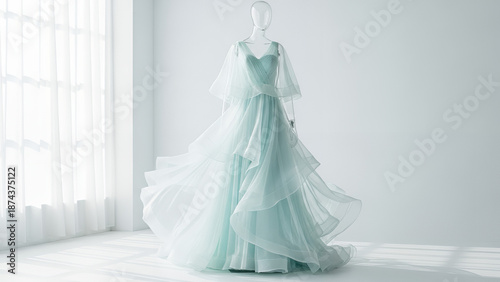 Ice blue wedding dress elegantly displayed on a mannequin with flowing chiffon fabric