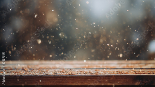 Winter wooden surface with gentle snowfall, cold seasonal atmosphere. travel magazines, destination branding, designed for outdoor magazines and nature guides, inspires travel planning.