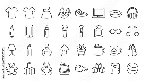 Collection of simple outline icons representing everyday objects clothing and accessories perfect for web design apps and infographics