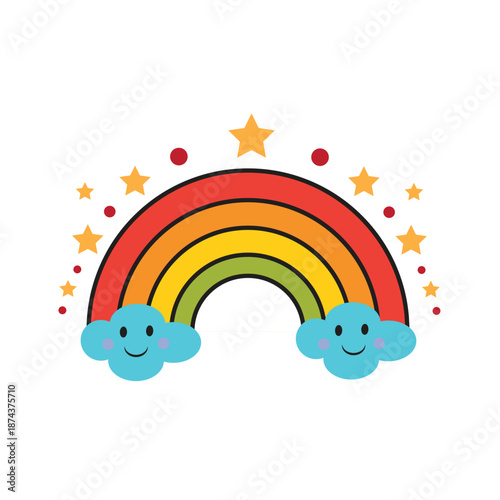Cute Smiling Rainbow with Happy Clouds and Stars