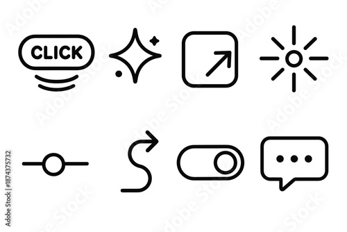 Playful Interactive Icons. Playful Interactive Icons set in outline vector style: bouncing button, animated spark, draggable shape, ripple burst, slider knob,