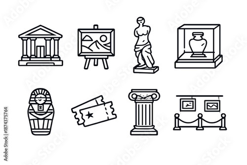 Museum Icons Collection. Museumset in outline vector style museum entrance, painting, sculpture, display case, artifact, ticket, column, gallery