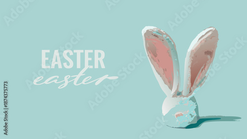 Easter bunny head with pink ears on light blue background with easter text
