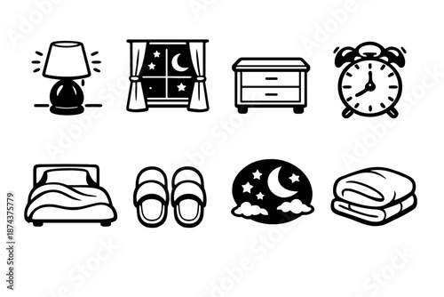 Cozy Night Sleep Icons. Sleep environmentset in outline vector style night lamp, window with stars, bedside table, alarm clock, calm glow, cozy blanket, slippers, night sky