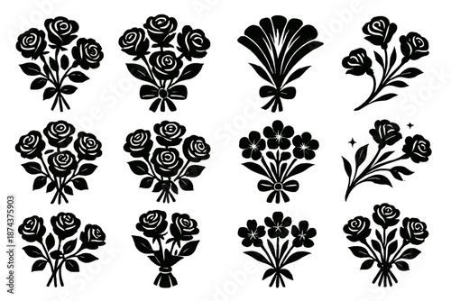 Elegant Floral Icons. Elegant Celebration Bouquets icon set in silhouette bold style. Contain refined rose cluster, soft ribbon wrap, delicate petal fan,