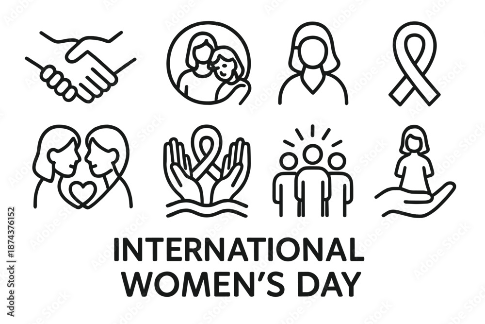 custom made wallpaper toronto digitalWomen's Day Icons. International Women’s Day Support & Unity set in outline vector style: linked hands, shared circle, supportive embrace, unity ribbon, heart