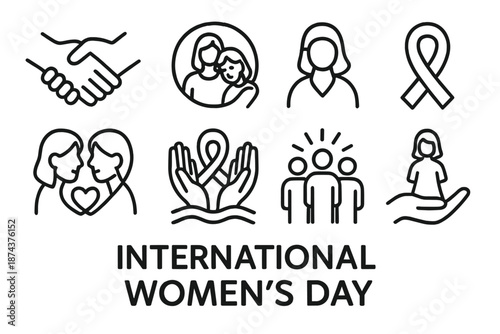 Women's Day Icons. International Women’s Day Support & Unity set in outline vector style: linked hands, shared circle, supportive embrace, unity ribbon, heart