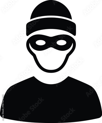 Black thief silhouette icon representing crime anonymity burglary identity and security risk concept isolated on white background illustration