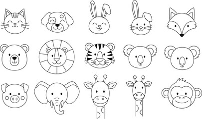 Foto auf Acrylglas Zoo Set of hand drawn cute animal face icons featuring lion tiger elephant giraffe and more in black line art.  © MstLinaAkter