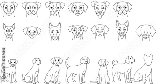 Large collection of hand drawn dog icons and silhouettes in black line art style featuring various breeds.