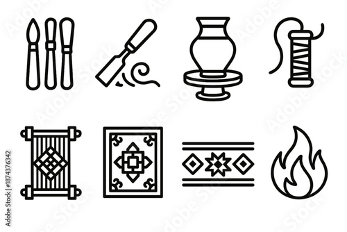 Artisan Craft Icons. Cultural Artisan Craft set in outline vector style: tool bundle, chiseling icon, clay wheel, tapestry thread, bead loom, cultural motif, heritage pattern strip, artisan flame