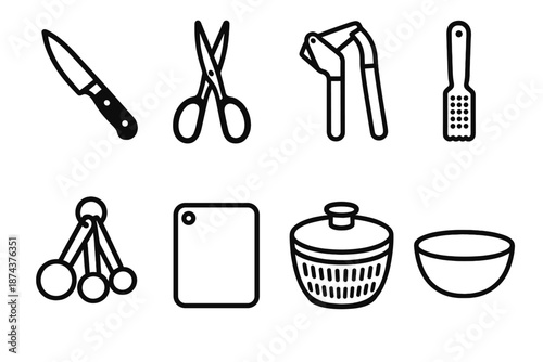 Essential Kitchen Tools. Prep Kitchen Tools set in outline vector style: paring knife, herb scissors, garlic press, zester, measuring spoons, chopping mat, salad spinner, prep bowl