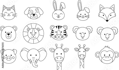Set of hand drawn cute animal face icons featuring lion tiger elephant giraffe and more in black line art.