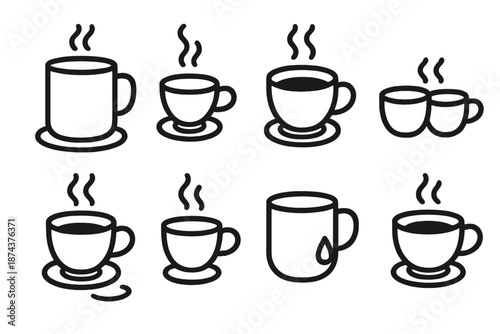 Cozy Beverage Icons. Leisure Sipping set in outline vector style : latte mug, tea cup, steaming beverage, shared mug, soft glow, coaster mark, cup handle, warm droplet