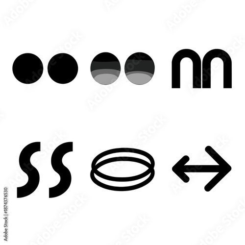 Minimalist Twin Icons. Twin Motion Minimal Twins icon set in silhouette bold style. Contain two simple circle dots, mirrored gradient orbs, twin clean arcs,