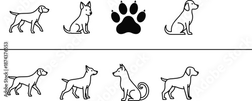 Set of simple dog icons and silhouettes in black line art featuring various breeds and a paw print.
