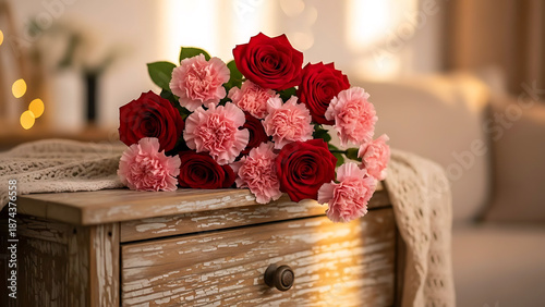 A beautiful bouquet of red roses and pink carnations on a distressed wooden side table in a cozy living room