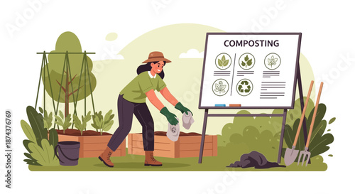 Woman Composting in Garden with Educational Sign.