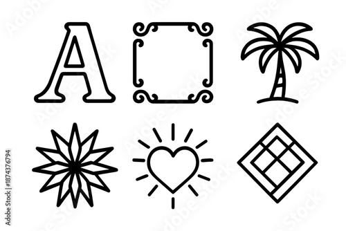 Iconic Black Line Motifs. Thematic type set in outline vector style : styled letterform, motif frame, themed icon set, pattern accent, symbolic glyph, curated mark