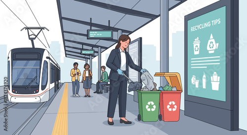 Woman Disposing of Trash at a Modern Train Station.