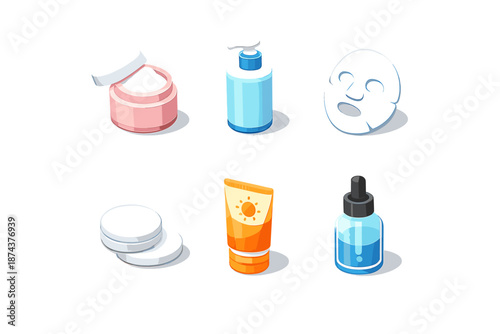 Isometric Skincare Icons. Skincare set in isometric flat vector : Cream Jar, Lotion Bottle, Face Mask, Cotton Pad, Sunblock, Serum
