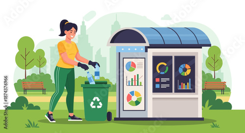 Woman Recycling Plastic Bottle at Smart Bus Stop with Data.