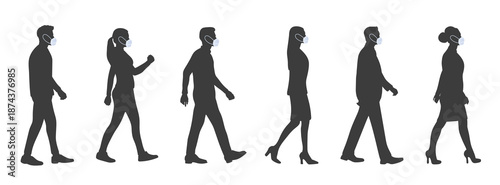 People. People walking in medical masks. Silhouettes of people in medical masks. Vector illustration