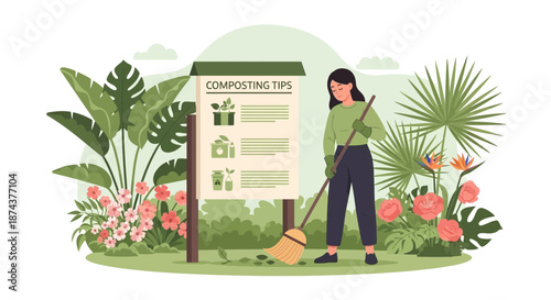 Woman Sweeping Leaves Near Composting Tips Sign in Garden.