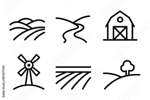 Rural Outline Icons. Rural Discovery landscapes set in outline vector style: rolling hill, dirt path, barn outline, windmill, open field, distant tree