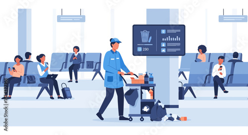 Airport cleaner at work in a busy terminal.