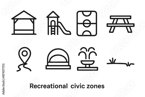 Wallpaper Mural Civic Zone Icons. Recreational Civic Zones set in outline vector style: park pavilion, playground icon, sports field outline, picnic table, walking path marker, Torontodigital.ca