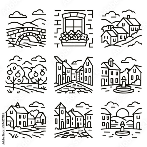 Scenic Village Icons. Scenic Village Life set in outline vector style: stone bridge, flower box window, hillside homes, riverside edge, fruit orchard, cobblestone street, village square, sunset vista
