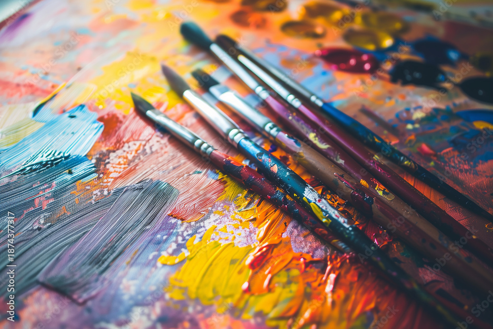 Obraz premium A set of paintbrushes are on a table with paint