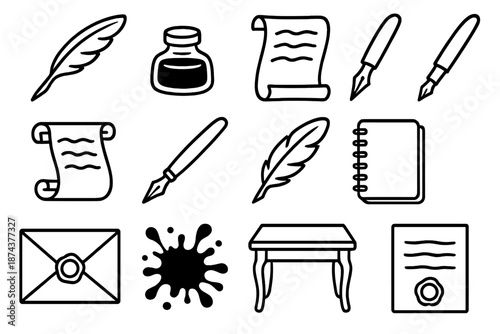Writing Tools Icons. Scriptstyle set in outline vector style : quill, ink bottle, parchment, fountain pen, scroll, calligraphy pen, feather, notebook, wax seal, letter, ink splatter, writing desk