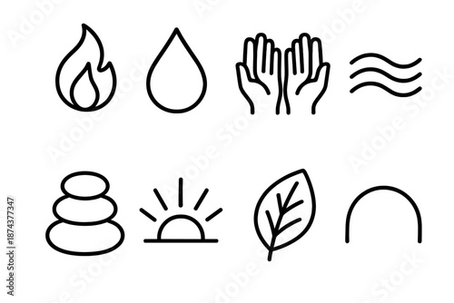 Healing Icon Set. Healing Space set in outline vector style: soft flame, soothing droplet, open hands, gentle wave, grounding stone, warm light beam, calming leaf, peaceful arc