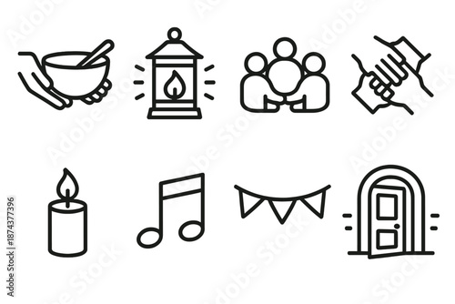 Icons of Gathered Joy. Gathered Moments set in outline vector style: shared meal bowl, lantern glow, group circle, unity gesture, warm candle, music note, festive banner, welcoming door