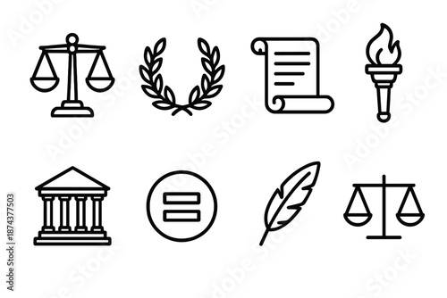 Justice Icons Collection. Symbolic Justice set in outline vector style: balanced scales, laurel wreath, open scroll, torch of truth, equality sign, courthouse silhouette, feather quill, balance beam