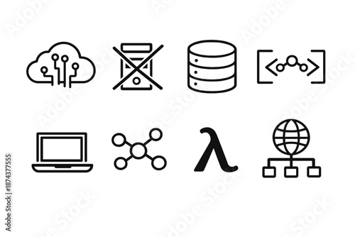 Wallpaper Mural Serverless Tech Icons. Serverlessset in outline vector style cloud, code, server icon crossed, database, API, laptop, network, function icon Torontodigital.ca