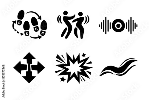 Brutalist Dance Icons. Dance rhythm icon set in silhouette bold style. Contain moving footsteps, body sway lines, bass pulse, motion arrows, energy burst, flow curve
